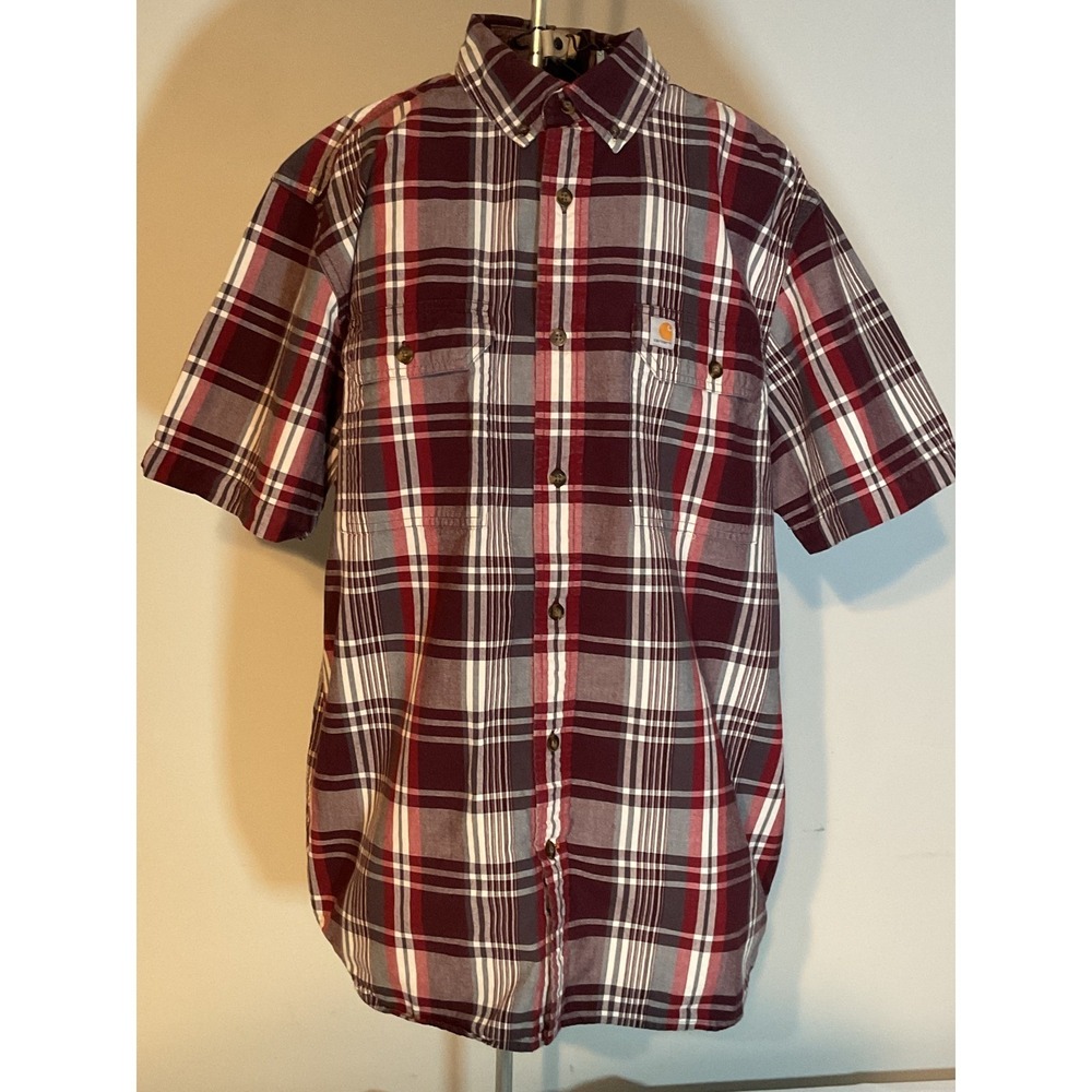 Carhartt Mens Plaid Short Sleeve Button Down Shirt Burgundy White 103553 639 L